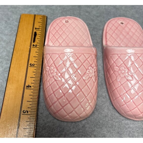 Vintage Pink Ceramic Slipper Wall Planters with Floral Quilt Pattern Hanging Pai - Picture 3 of 9